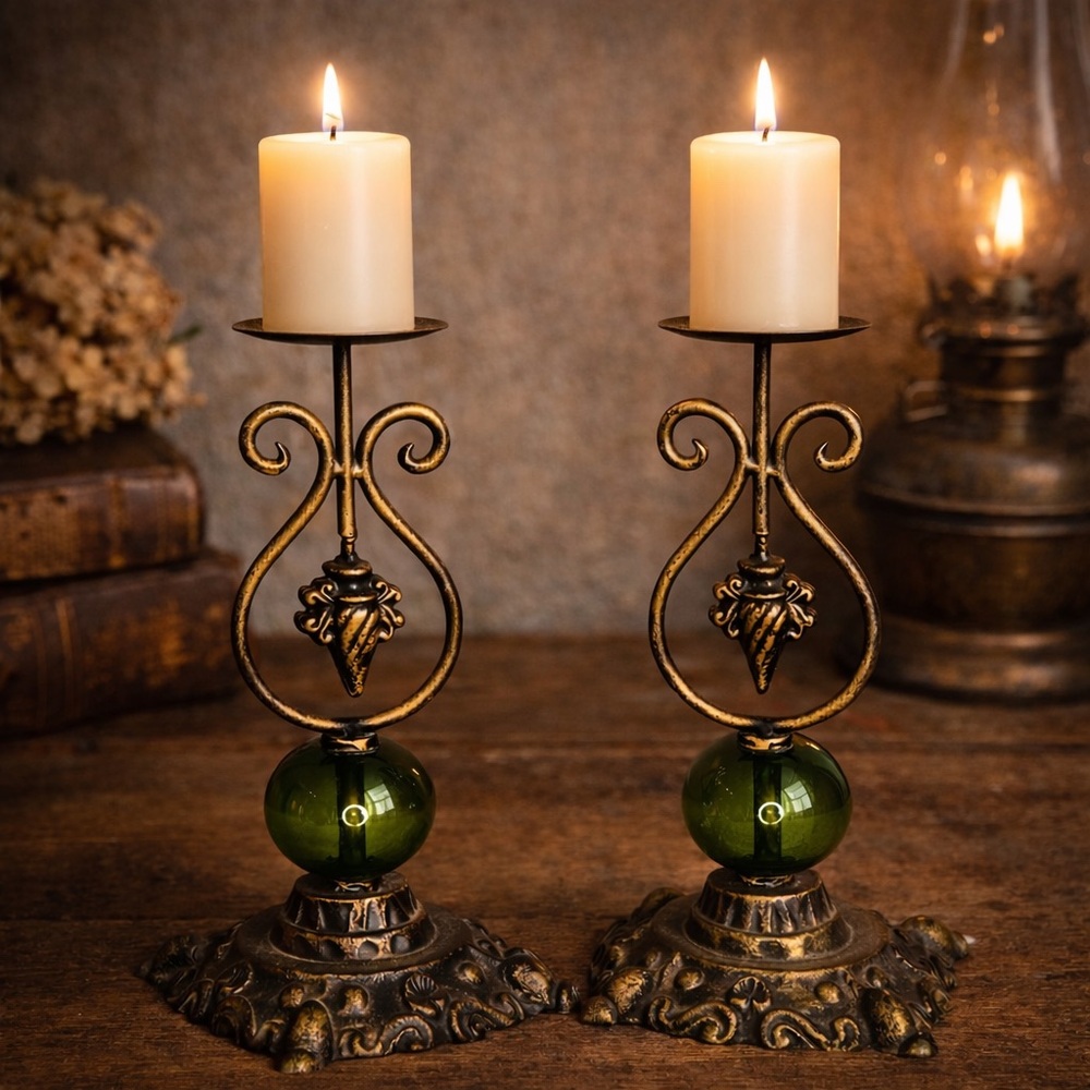 Vintage Ornate Metal Candlestick Holders | Green Glass | Set of 2